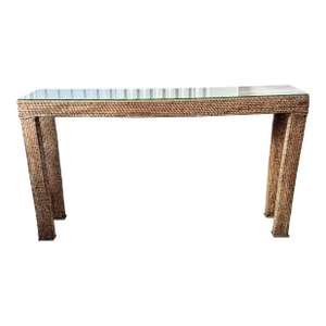 Rustic Thai Style Vintage Long Woven Rattan/Wicker Console Table With Glass Top