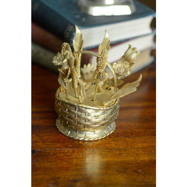 Hollywood Regency Mid-20th Century Hollywood Regency Gold Flower Basket Cocktail Picks - Set of 10 For Sale - Image 3 of 9