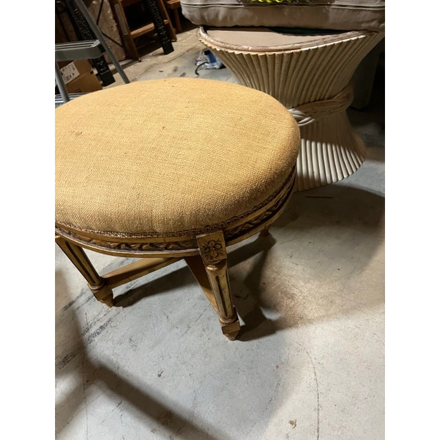 1970s Wooden Gold Painted Ottoman With Burlap Covered Cushion For Sale - Image 4 of 4