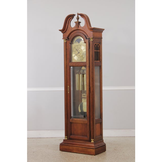 Traditional Howard Miller Cherry Grandfather Hall Clock For Sale - Image 3 of 17