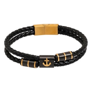 Gold Anchor Design Black Leather Men's Style Bracelet For Sale