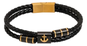 Gold Anchor Design Black Leather Men's Style Bracelet