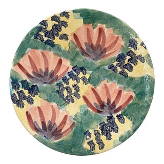 Large Vintage Handpainted Round Platter With Abstract Flowers For Sale
