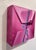 Abstract Pink Package by Sarah van der Helm | Oil on Cradled Panel close-up of a pink gift wrapped with blue ribbon For Sale - Image 3 of 4