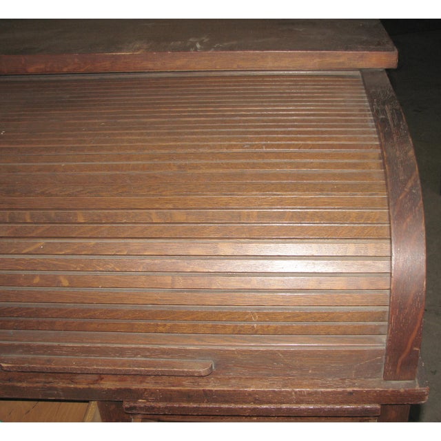 Antique Roll Top Quarter Sawn Oak Wooden Desk For Sale - Image 12 of 15