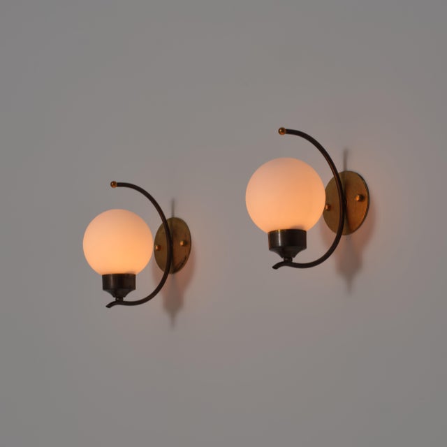 1950s Italian Brass and Opaline Glass Wall Sconces, 1950s, Set of 2 For Sale - Image 5 of 9
