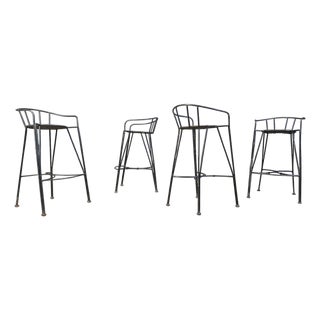 Vintage Wrought Iron and Rattan Bar Stools, 1970s, Set of 4 For Sale