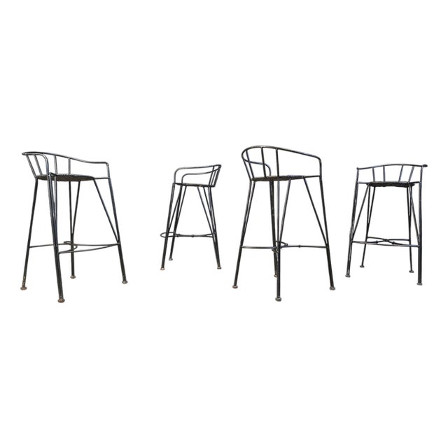 Vintage Wrought Iron and Rattan Bar Stools, 1970s, Set of 4 For Sale