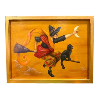 Halloween Witch Cat Original Painting Bonnie Barrett Boardwalk Large 30.75"w Art For Sale