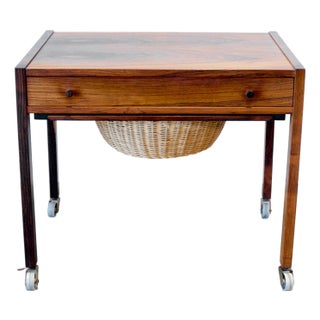 Danish Rosewood Sewing Table With Cane Basket & Wheels For Sale