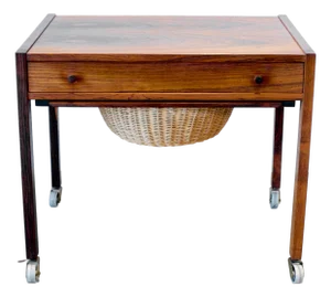 Danish Rosewood Sewing Table With Cane Basket & Wheels