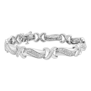 .925 Sterling Silver 1 3/4 Cttw Diamond Wave and X Link Tennis Bracelet - 7" For Sale