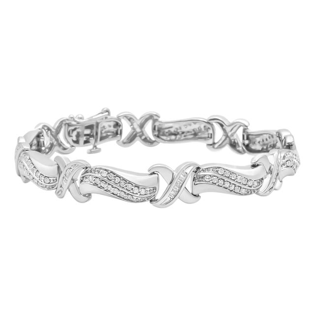 .925 Sterling Silver 1 3/4 Cttw Diamond Wave and X Link Tennis Bracelet - 7" For Sale