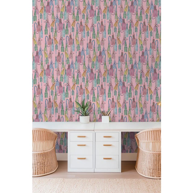 Tassel Trellis Grasscloth Wallpaper by House Party | Patina Pink | 8 Yards For Sale - Image 4 of 9