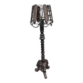 1950s Vintage Sculpted Ebonized Wood Pedestal Tripod Floor Lamp With Wood & Iron Shade For Sale