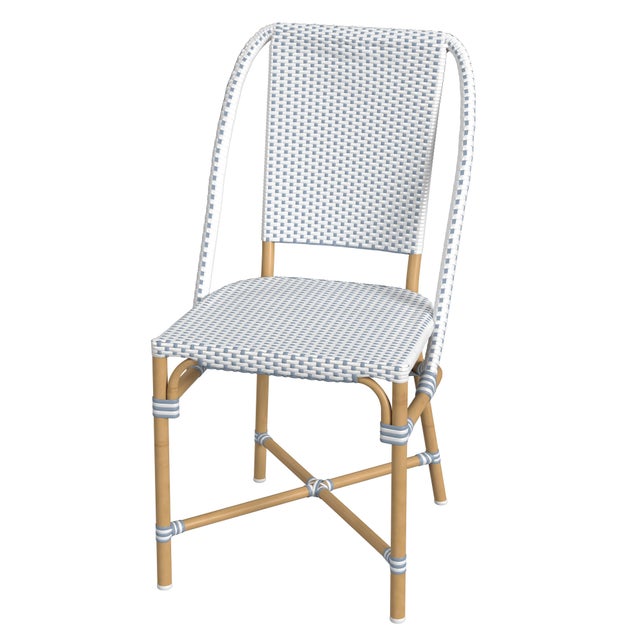 Blue Tobias 18.5 in. Seat Height Outdoor Rattan and Metal Dining Side Chair, White/Sky Blue Dot / Natural Rattan Frame For Sale - Image 8 of 8