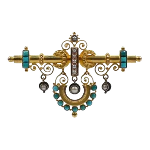 Vintage Victorian Etruscan Revival 14 Karat Gold, Turquoise and Pearl Brooch or Pin