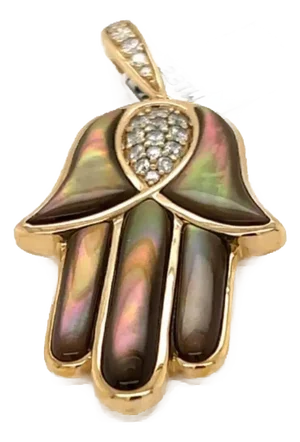 Kabana Diamond Mother of Pearl 14k Yellow Gold Lg Hand of God Pendant