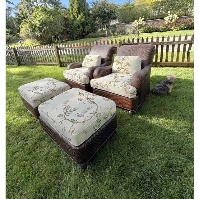 Traditional Mark Hampton for Hickory Chair Woven Lounge Chairs & Ottomans in Colefax & Fowler—Set of 2 For Sale - Image 3 of 18