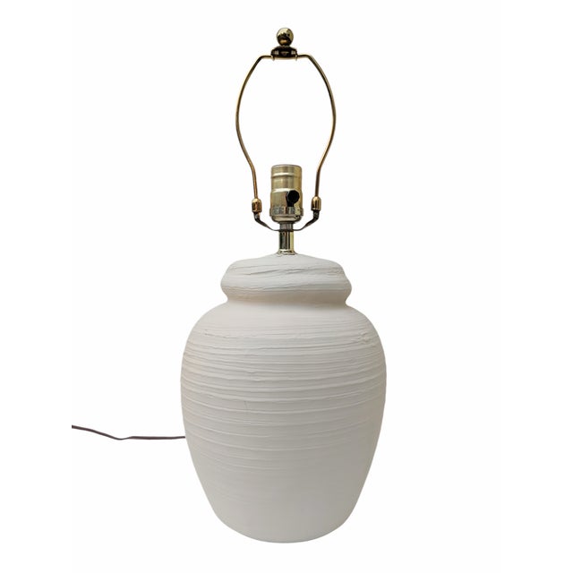 1970s Cream Ribbed Pottery Lamp With Pleated Lamp Shade For Sale - Image 4 of 9