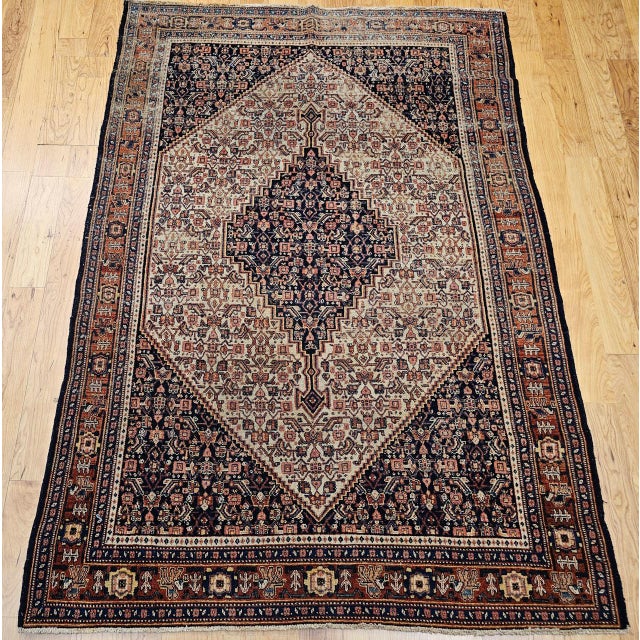 Antique Senneh Area Rug, Hand-Knotted Wool, Herati Medallion Pattern, Ivory & Navy, 4x6 For Sale - Image 9 of 17
