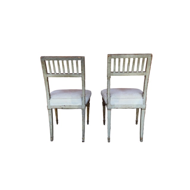 Pair of Antique Gustavian Style Open Back Chairs With Diamond Pattern Upholstery For Sale - Image 4 of 10
