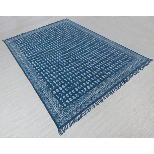 Textile Blue White Block Printed Handmade Cotton Boho Inspired Flatweave Rug4x6 Ft. For Sale - Image 7 of 18