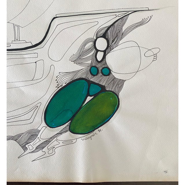 Armando Villagran, Surrealist Latin American Mixed Media - Woman In Green Pants With Ship, 1971 For Sale - Image 4 of 8