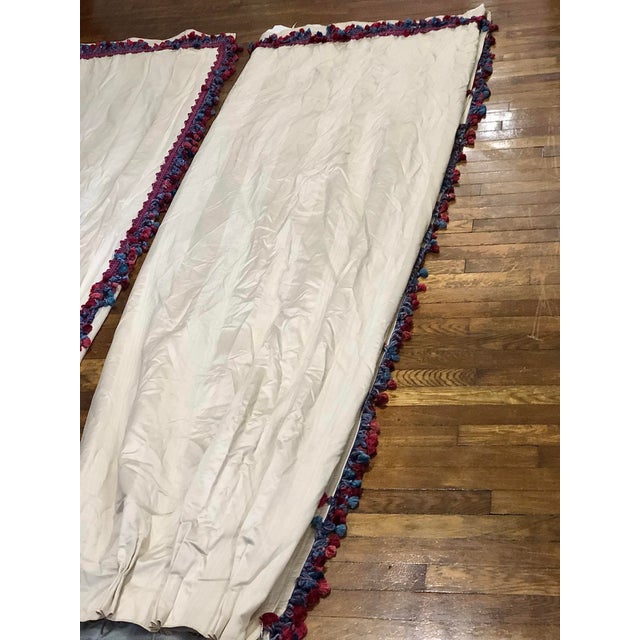 Pair of Custom French Pleat Ivory Drapes With Blue and Pinkish Red Samuel & Sons Trim For Sale - Image 9 of 10