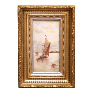 19th Century French Coastal Marine Oil on Canvas Painting in Carved Gilt Frame For Sale