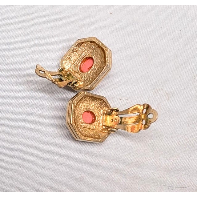 Pink Vintage 1960s Signed Panetta Goldtone Cabochon Faux-Coral & Clear Rhinestone Clip Earrings-2 Pieces For Sale - Image 8 of 9
