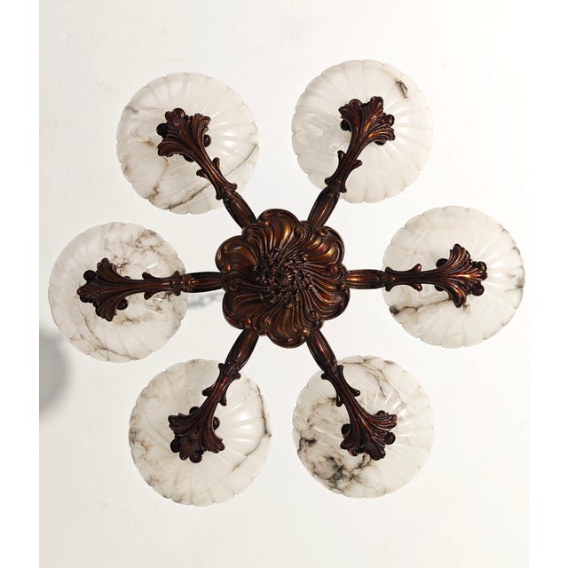 Art Deco Bronze Chandelier with Six Alabaster Lampshades, Made in Italy in the 1950s/1960s. For Sale - Image 14 of 18