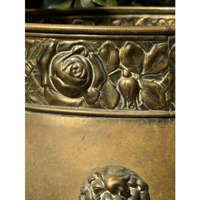 Early 20th Century Early 20th Century Large Turn-of-the-Century Brass Jardinière Cachepot With Lion Ring Handles and Repoussé Rose Banding For Sale - Image 5 of 8