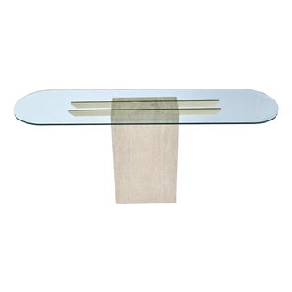 Maitland-Smith Style Brass and Glass Travertine Stone Pedestal Console Table For Sale