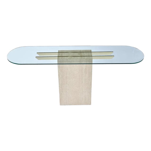 Maitland-Smith Style Brass and Glass Travertine Stone Pedestal Console Table For Sale
