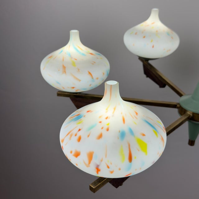 Gold Mid-Century Chandelier with Teak and Murano Glass from Stilnovo, Italy, 1950s For Sale - Image 8 of 18