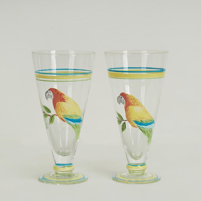 Vintage Set of Eight Footed Drinking Glasses With Painted Parrots For Sale - Image 4 of 11