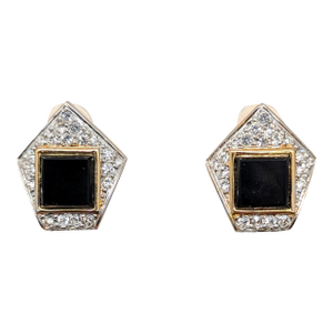 Vintage 1980s Signed Nina Ricci Goldtone Faux-Onyx & Pavé Clear Rhinestone Clip Earrings-2 Pieces