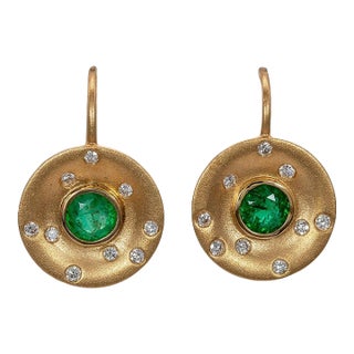 Zambian Emerald Stud Earrings With Earth-Mined Diamond Accents: Solid 14k Gold, A Pair For Sale