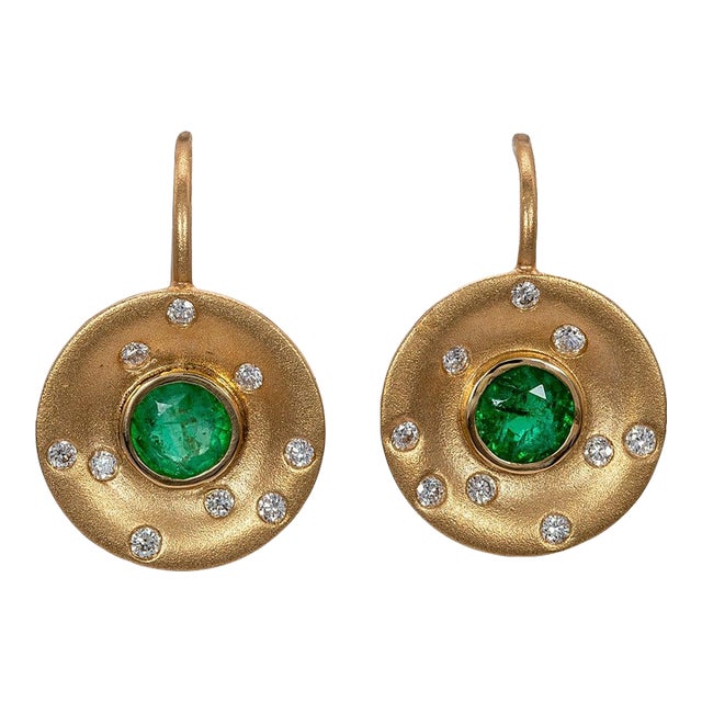 Zambian Emerald Stud Earrings With Earth-Mined Diamond Accents: Solid 14k Gold, A Pair For Sale