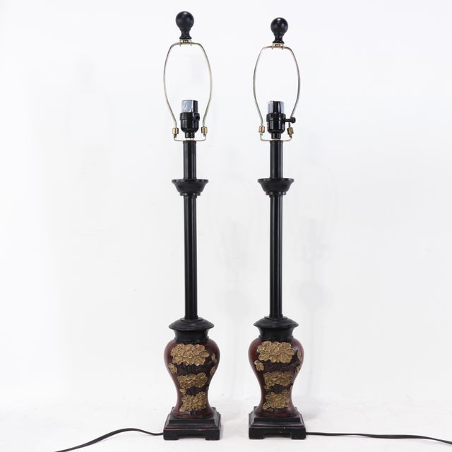 Plastic Pair of Vintage Black and Gold Chinoiserie Resin Accent Lamps For Sale - Image 7 of 14