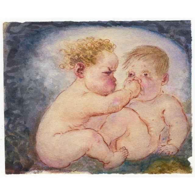 An original 1910s watercolour painting, G. Cervelli, Fighting Babies 'La discorde' Cartoon.A beautiful comic drawing in...