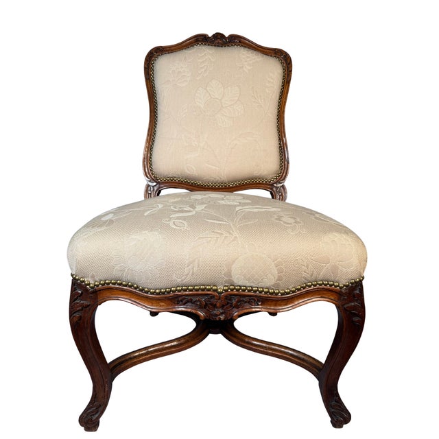 Late 19th Century Louis XV Carved Walnut Side Chair, Cream Damask For Sale - Image 9 of 14