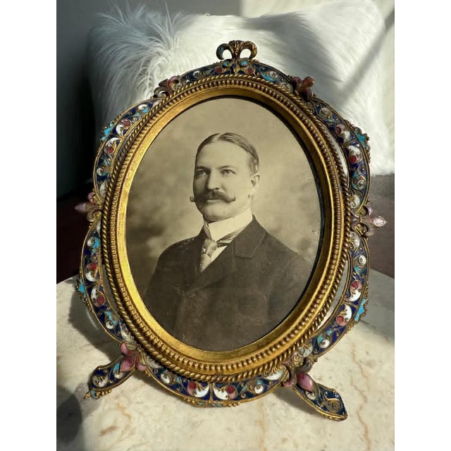 Antique Colorful Enamel Bronze Photo Frame With Black and White Picture of a Gentleman From 19th Century For Sale In Los Angeles - Image 6 of 10