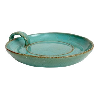 1990s Holly Hill Stoneware Plate: Teal Blue Glazed Plate With Handle For Sale