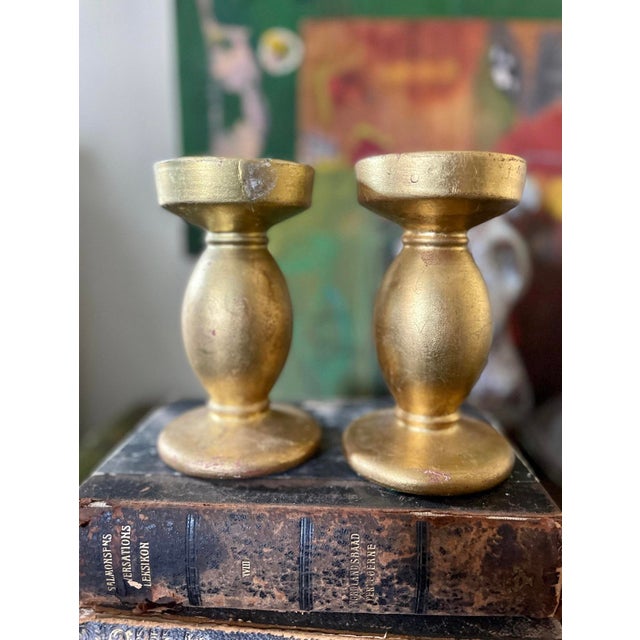 Pair of Vintage Italian Gilt Ceramic Candlestick Holders For Sale - Image 4 of 10
