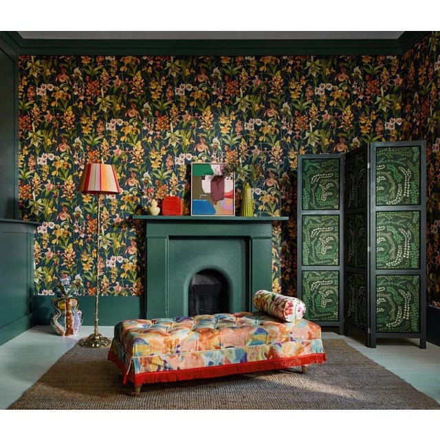 Contemporary Harlequin Kalina Wallpaper in Parchment/Forest/Azalea - a Sample For Sale - Image 3 of 3