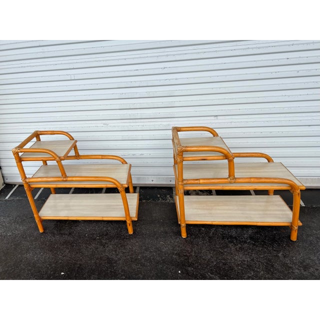 Wood 1950s Mid 20th Century 3 Tier Bent Bamboo Side Tables - A Pair For Sale - Image 7 of 7