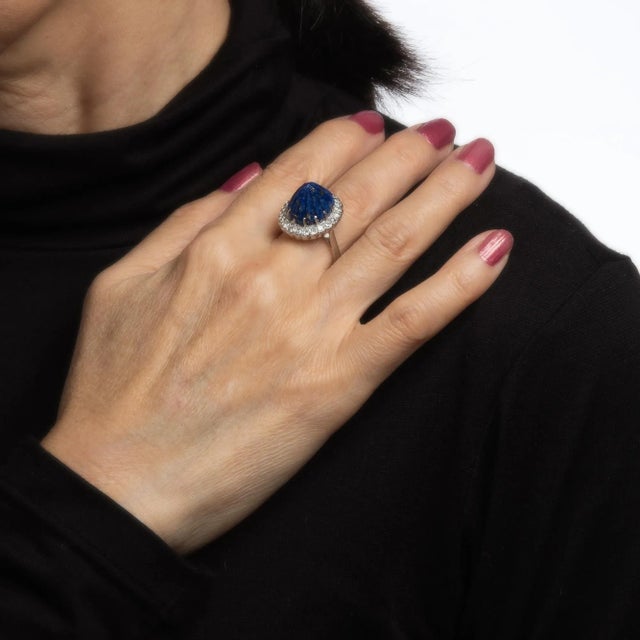 Mid 20th Century Fluted Lapis Lazuli Diamond Ring 18k White Gold Mid Century Sz 5.75 For Sale In Los Angeles - Image 6 of 7