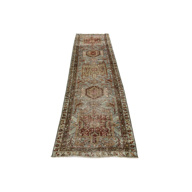 Contemporary Antique Heriz Serapi Runner Rug, Muted Blue and Sage Wool Corridor Rug For Sale - Image 3 of 9